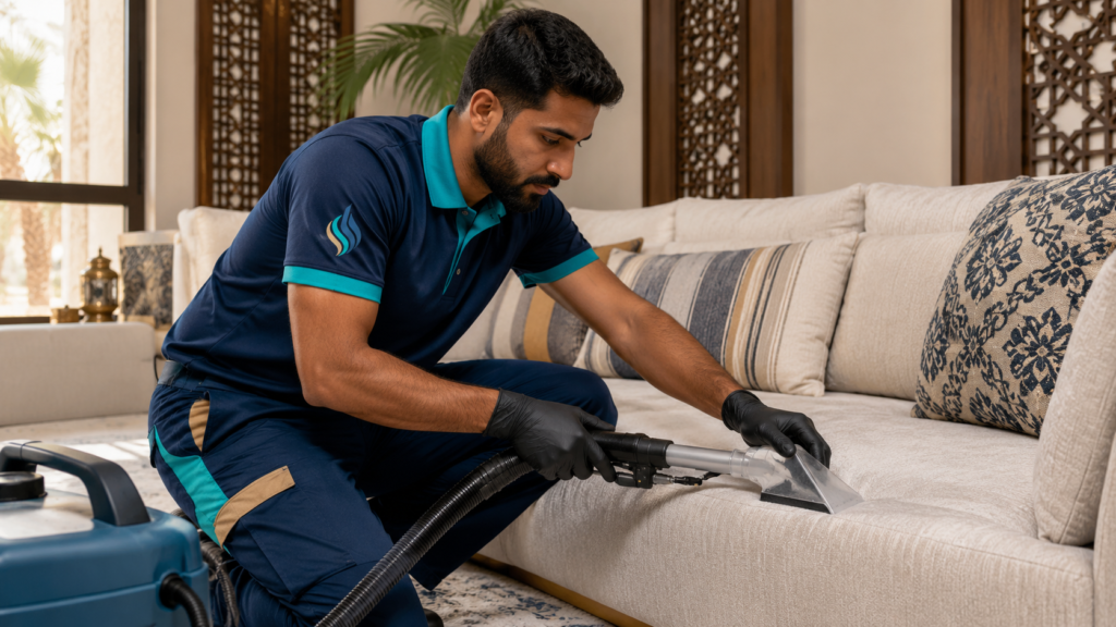 فني من الريان ينفذ تنظيف كنب ومجالس في جدة داخل مجلس حديث
