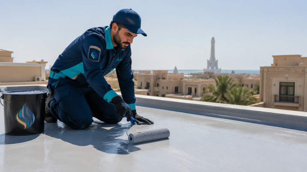 فني من الريان ينفذ خدمة عزل الأسطح المائي في جدة على سطح منزل